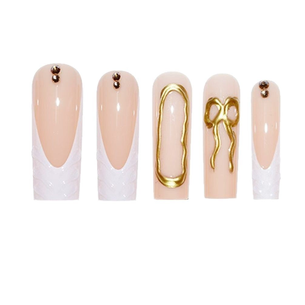 Artistic 3D Press-On Nail Set with Decorative Gold Accents Acalora