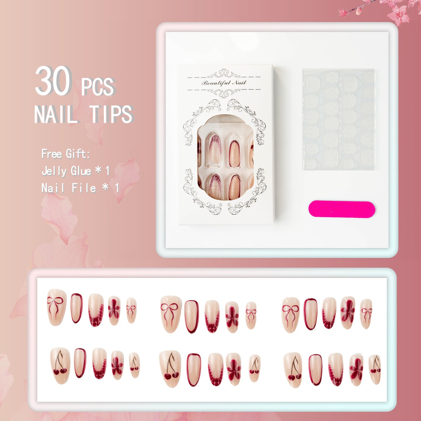 Artificial nails with floral design and elegant accents Acalora