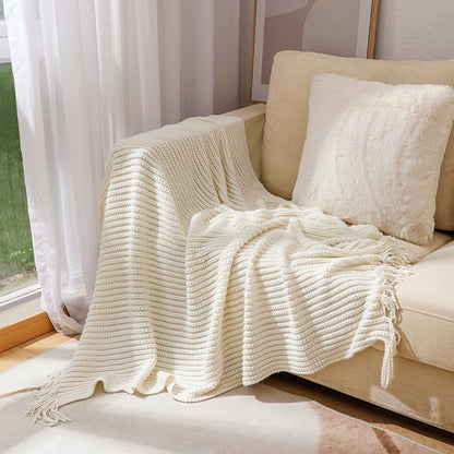 Textured Fringe Knit Throw Blanket