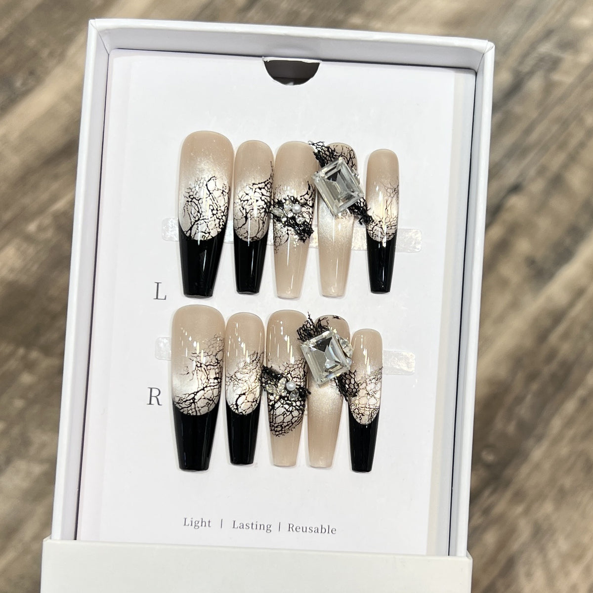 Artistic Press-On Nail Set with Unique Lace and Gemstone Accents Acalora