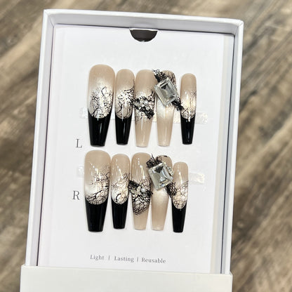 Artistic Press-On Nail Set with Unique Lace and Gemstone Accents Acalora