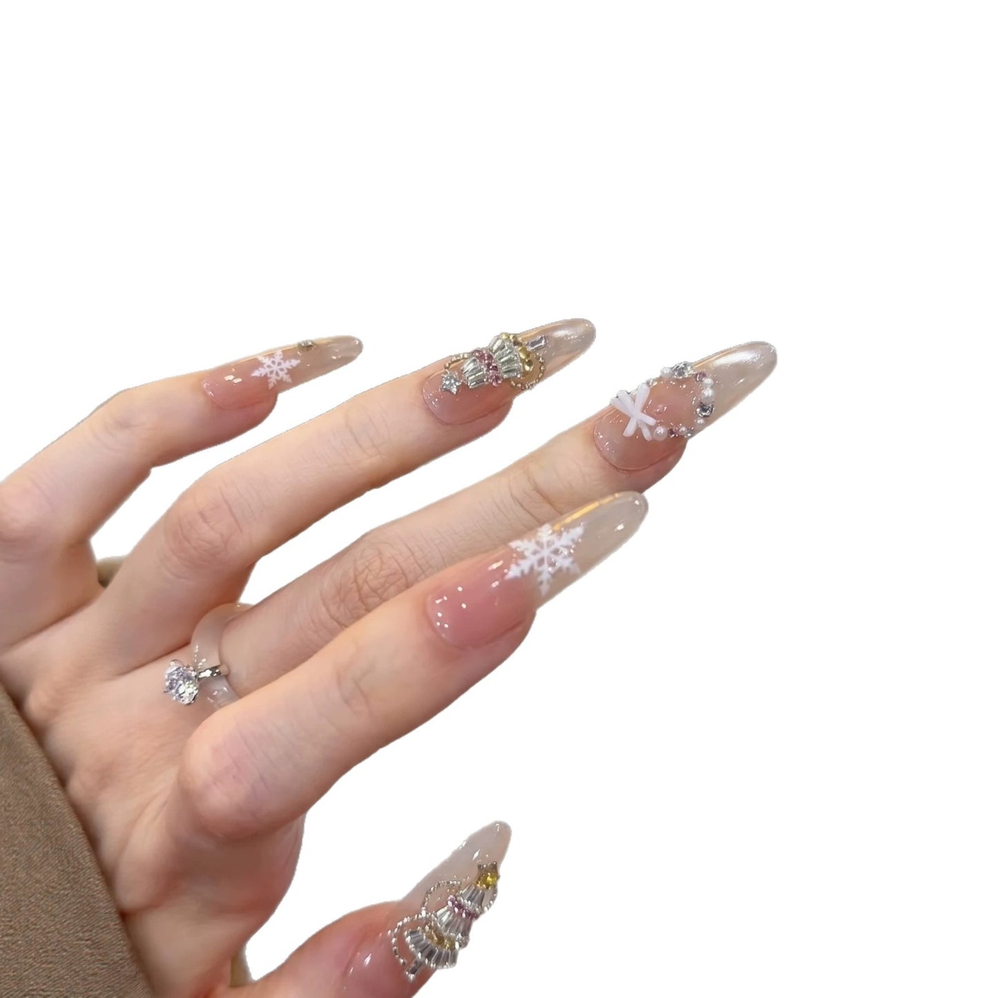 Decorative Stiletto Press-On Nail Art Set with Snowflake and Gemstone Accents Acalora