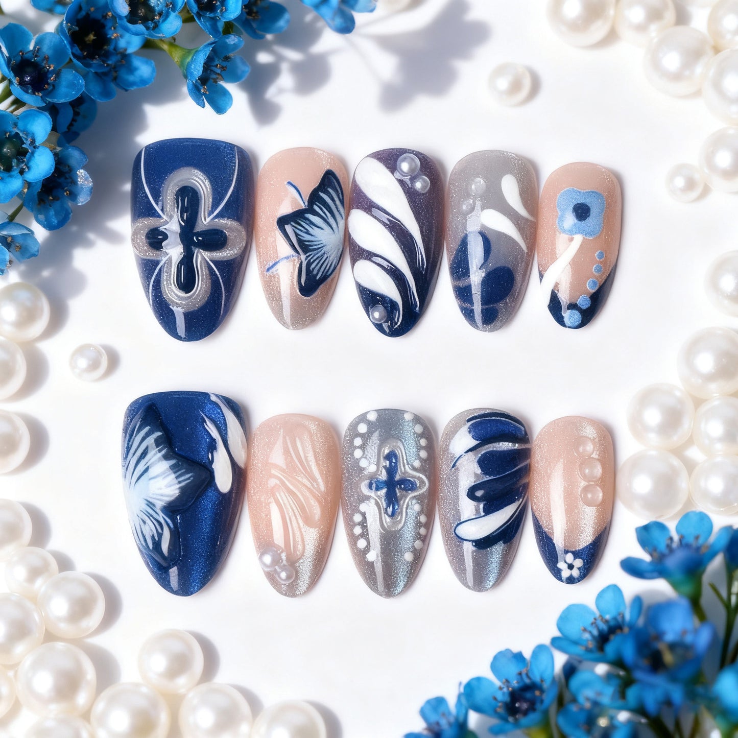 Artistic Floral Press-On Nail Tips Set Acalora