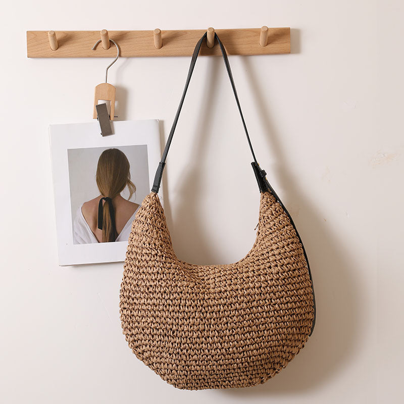 Women's Handmade Shoulder Bag made of braided natural material with a narrow leather strap Karnz