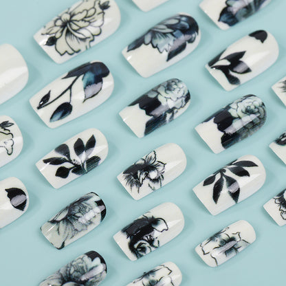 Artificial nails with floral black-and-white design Acalora