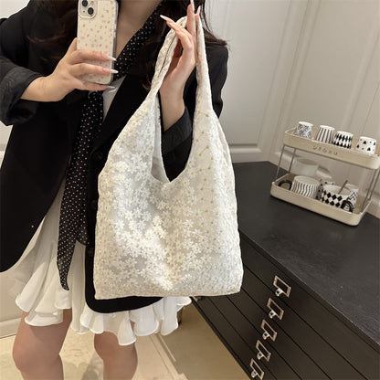 Elegant Floral Embroidered Grocery Tote Bag Acalora
