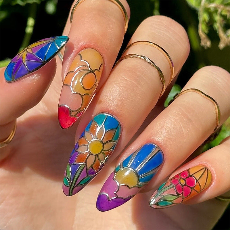 Artistic Press-On Nail Art Set with Floral and Geometric Patterns Acalora