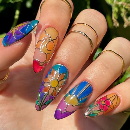 Artistic Press-On Nail Art Set with Floral and Geometric Patterns Acalora