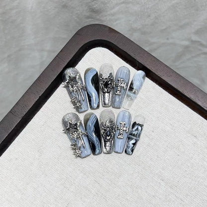 Glamorous Press-On Nail Art Set with Decorative Metallic Elements Acalora