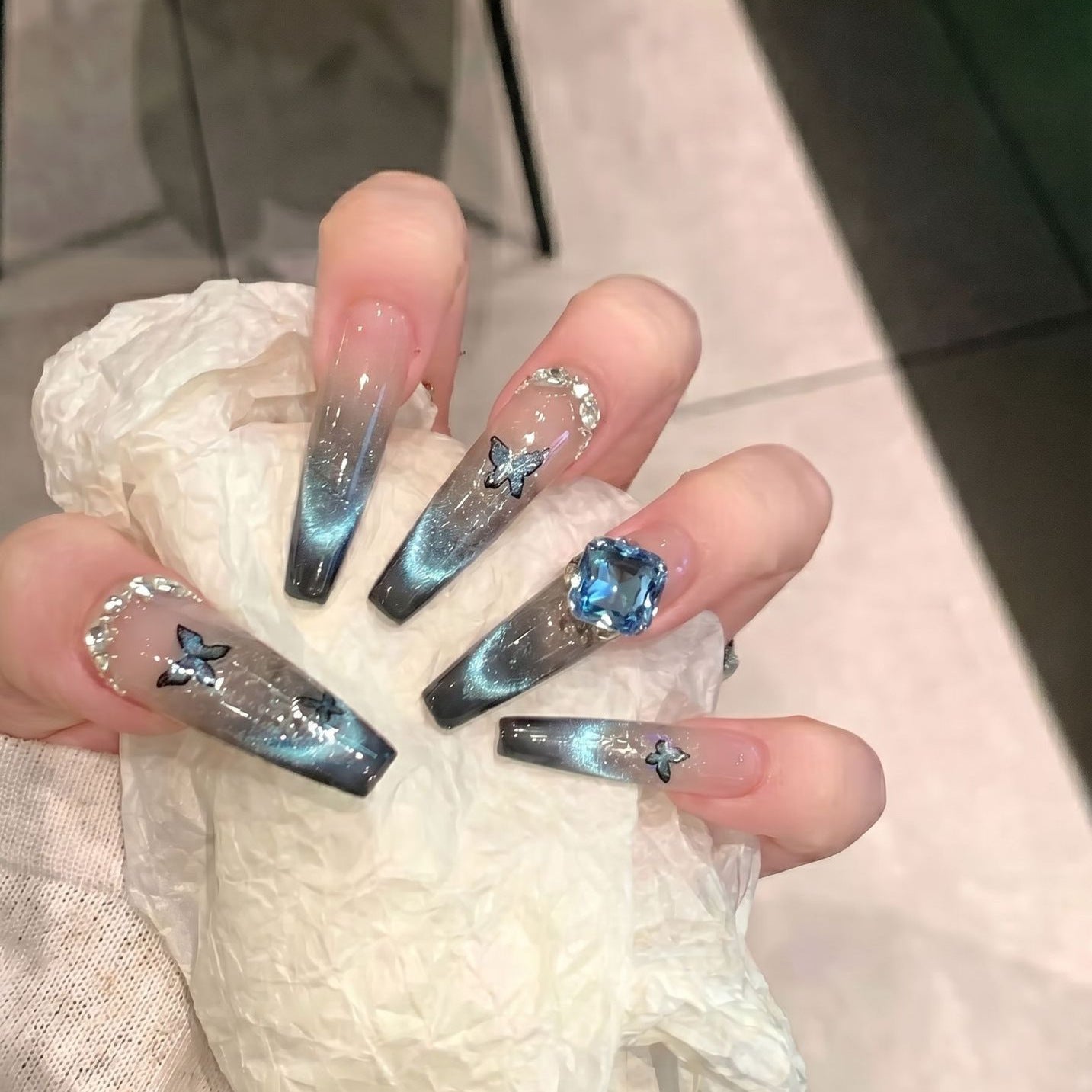 Artistic Ombre Press-On Nail Art Set with Butterfly and Gemstone Accents Acalora