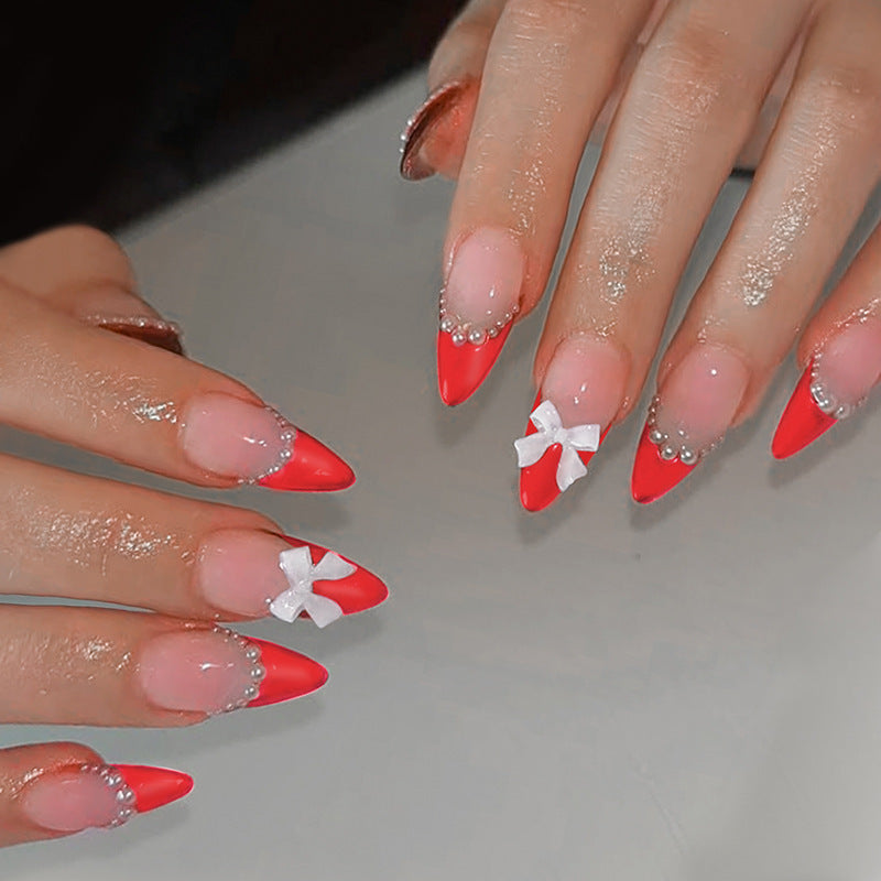 Elegant Press-On Nail Set with Pearl and Bow Accents Acalora