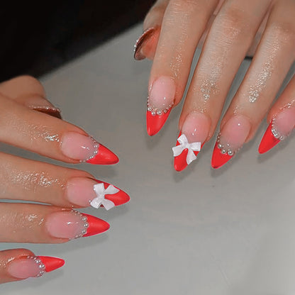Elegant Press-On Nail Set with Pearl and Bow Accents Acalora
