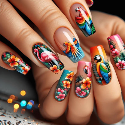 Artificial Nails Set with Tropical Bird Design Acalora