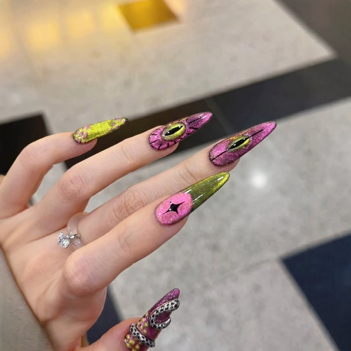 Artistic Stiletto Press-On Nail Set with Unique Graphic Design Acalora