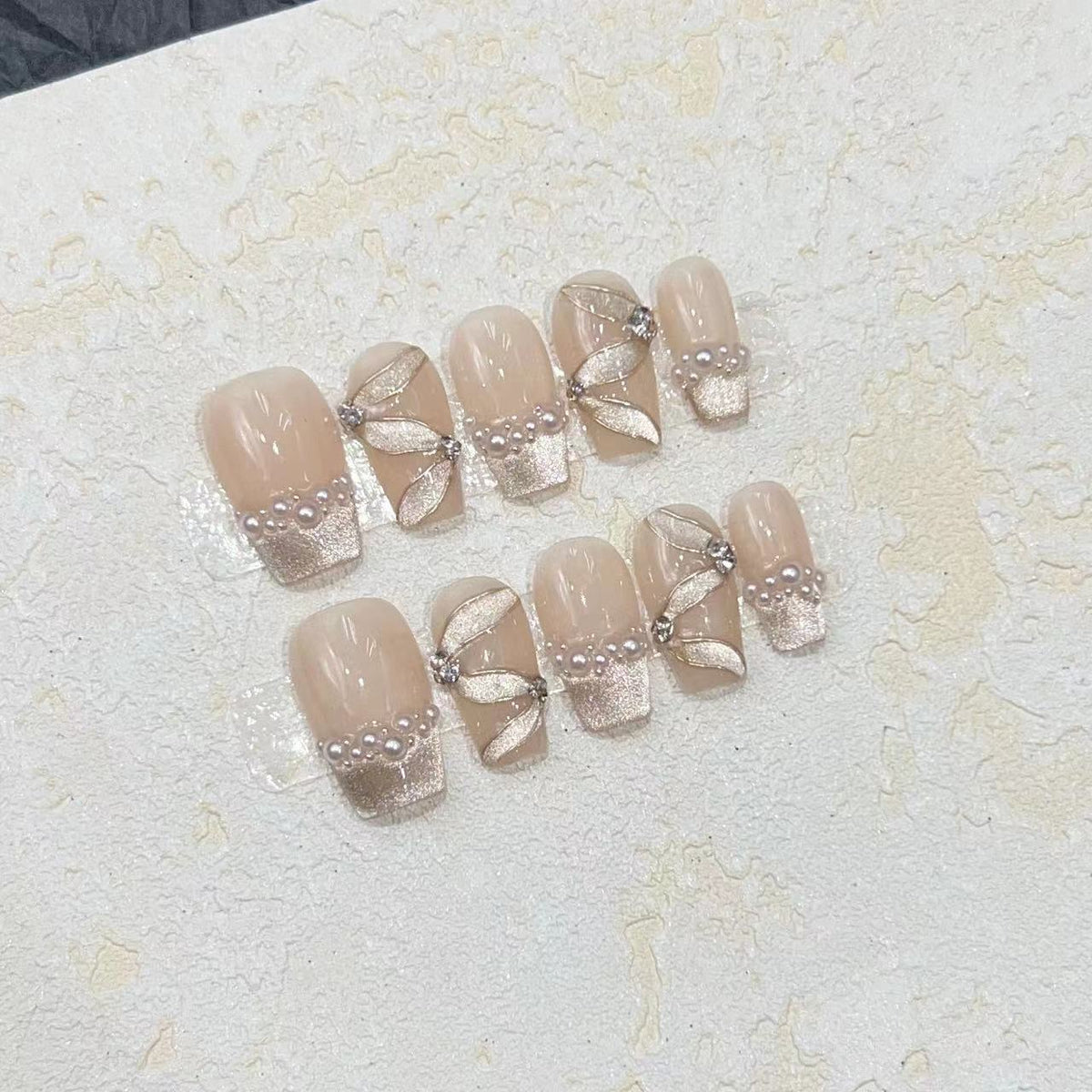 Luxurious Decorative Press-On Nail Set with Pearl and Gemstone Accents Acalora