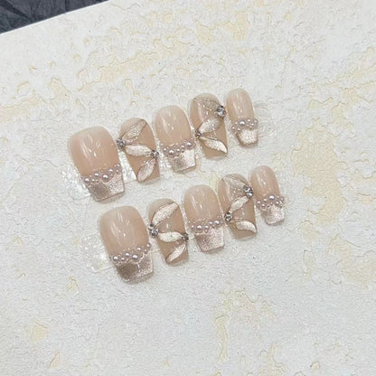 Luxurious Decorative Press-On Nail Set with Pearl and Gemstone Accents Acalora