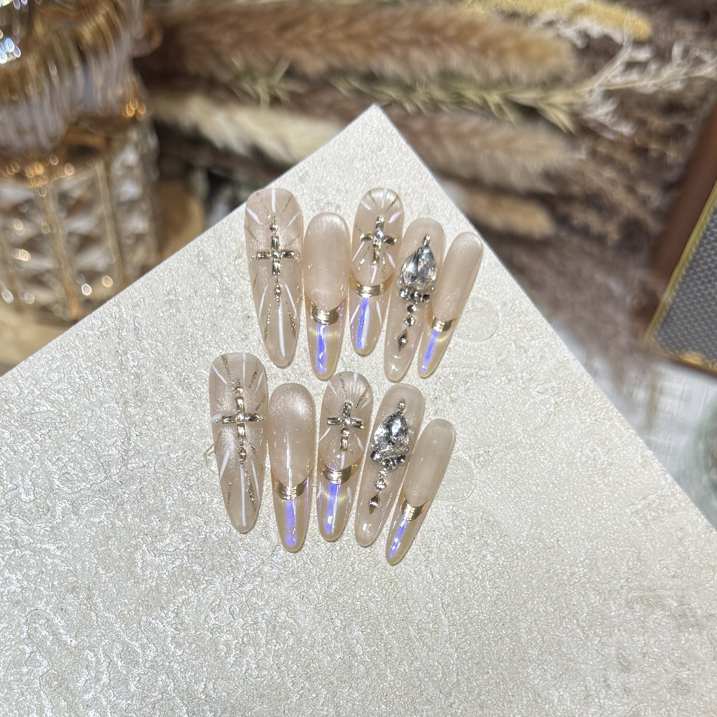Premium Stiletto Press-On Nail Art Set with Gemstone Accents Acalora