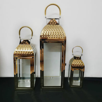 Decorative Metal and Glass Candle Lantern Set with Hinged Door Perforated Dome Top & Carry Handle Acalora