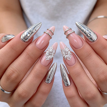 Elegant Metallic Floral Accent Press-On Nails Acalora