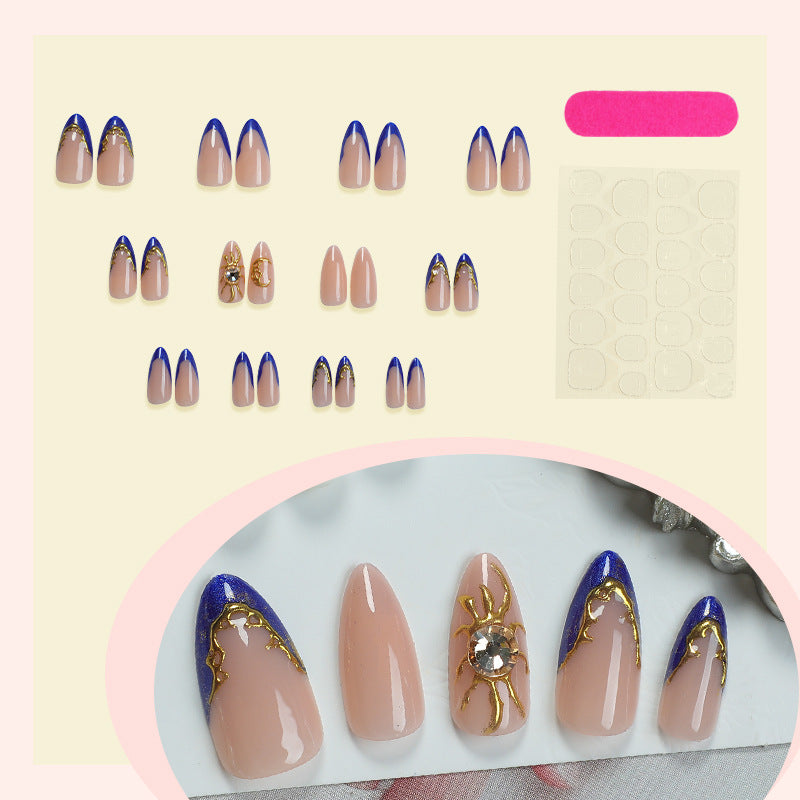 Premium Decorative Press-On Nail Set with Gold and Blue Accent Designs Acalora