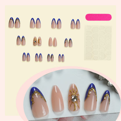 Premium Decorative Press-On Nail Set with Gold and Blue Accent Designs Acalora