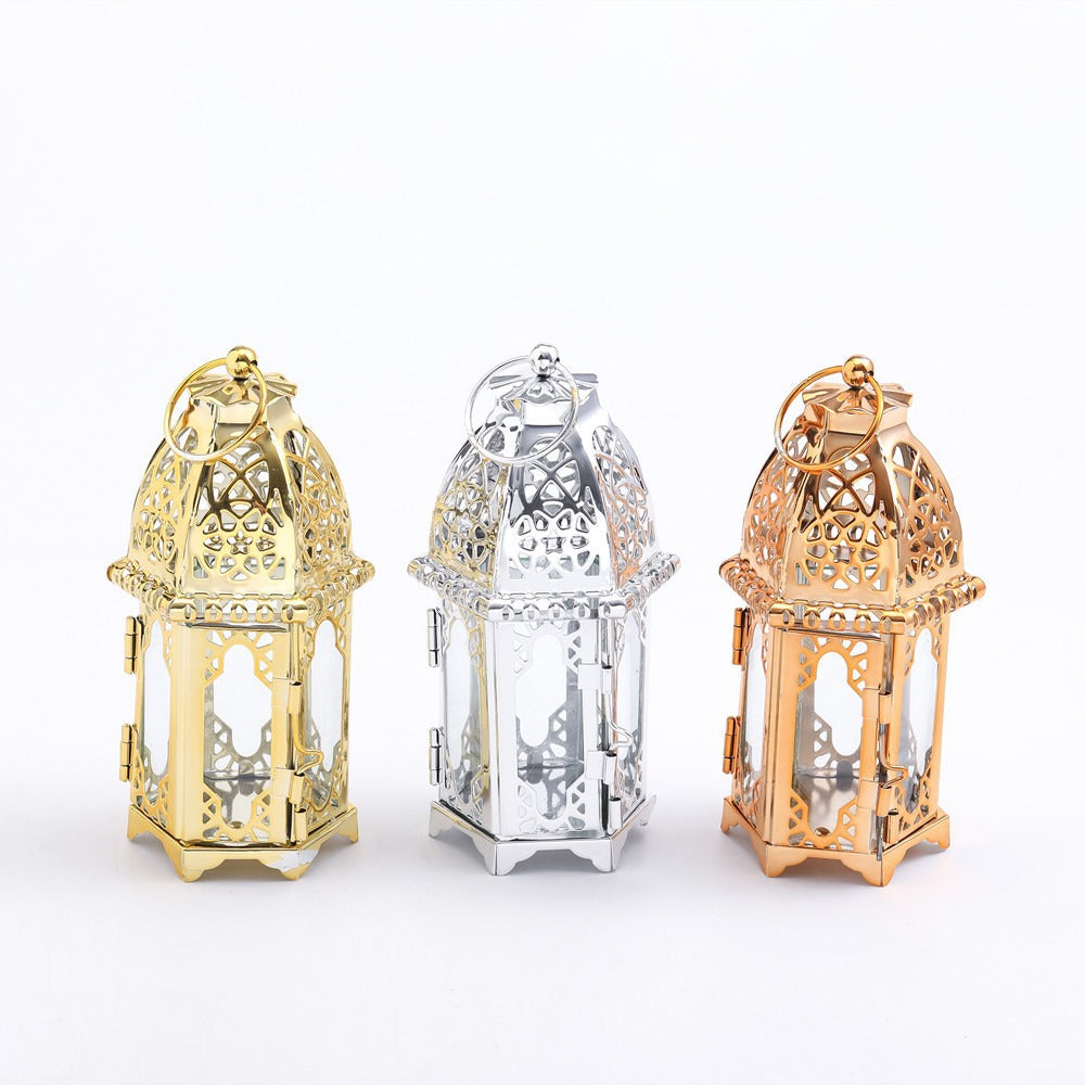 Intricate Cutwork Metal Tealight Lantern with Hinged Glass Panels Acalora
