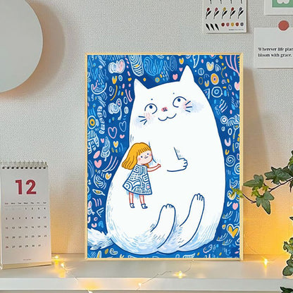 Playful Cat and Girl Illustration Canvas Art