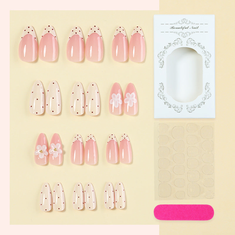 Elegant Press-On Nail Set with Floral and Polka Dot Designs Acalora