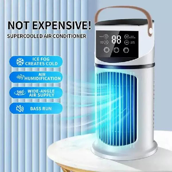 Unisex One Size rechargeable tower climate fan with Touch-LED control, integrated humidifying reservoir, and leather carrying handle Brehn