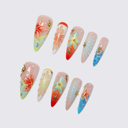Artistic Floral and Ocean-Themed Press-On Nail Art Set Acalora