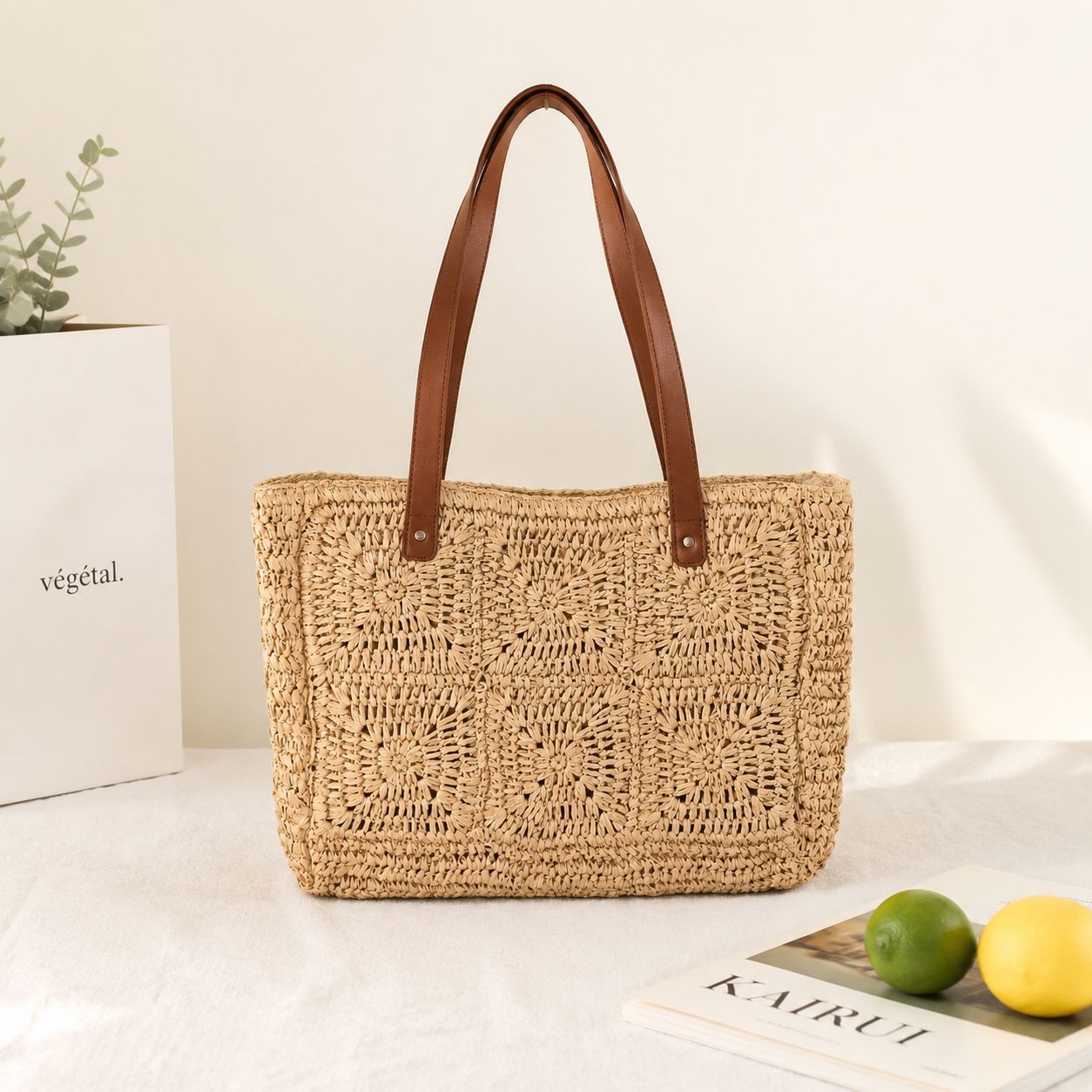 Handbag Made of Natural Rattan with Elegant Leather Handles Bowlift