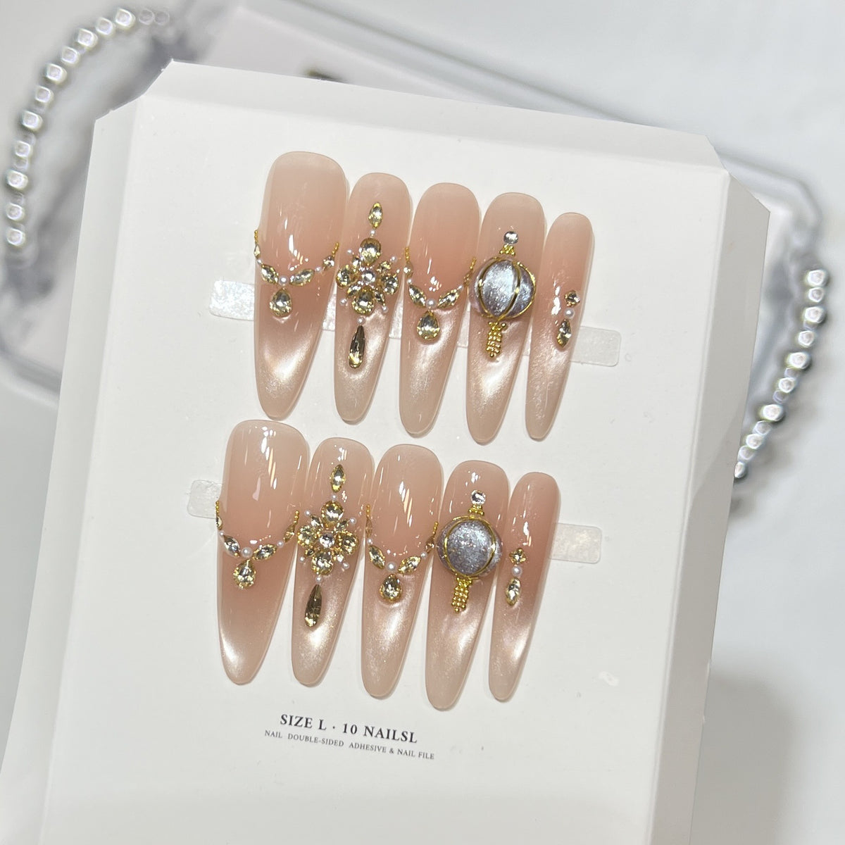 Decorative Stiletto Press-On Nail Set with Elegant Gemstone Embellishments Acalora