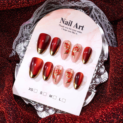 Artistic Press-On Nail Set with Floral and Metallic Accents Acalora
