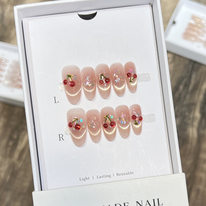 Handmade Cherry-Embossed Press-On Nail Set Acalora