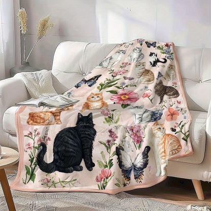 Floral Cat Print Fleece Blanket