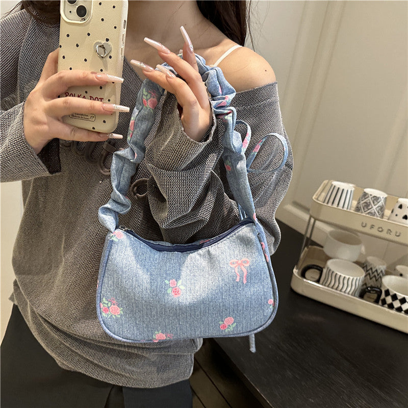 Embroidered Denim Shoulder Bag Acalora