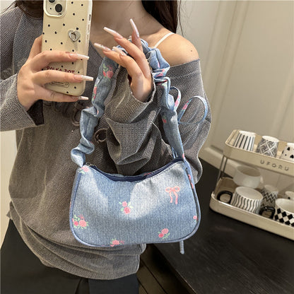 Embroidered Denim Shoulder Bag Acalora
