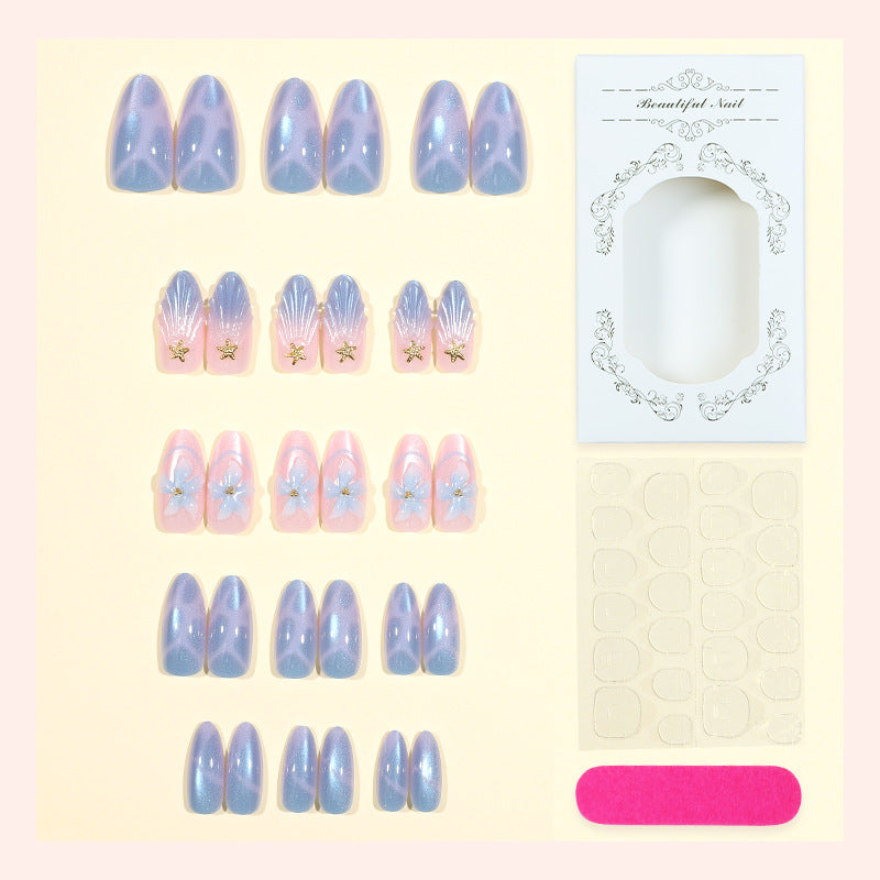 Artistic Press-On Nail Set with Iridescent Shell Accents Acalora