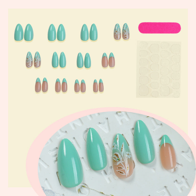 Artisan Press-On Nail Set with Elegant Leaf Patterns Acalora