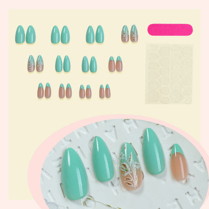 Artisan Press-On Nail Set with Elegant Leaf Patterns Acalora