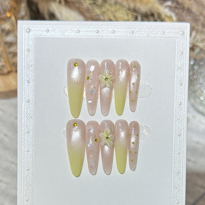 Elegant Long Stiletto Press-On Nail Art Set with Floral Accents Acalora