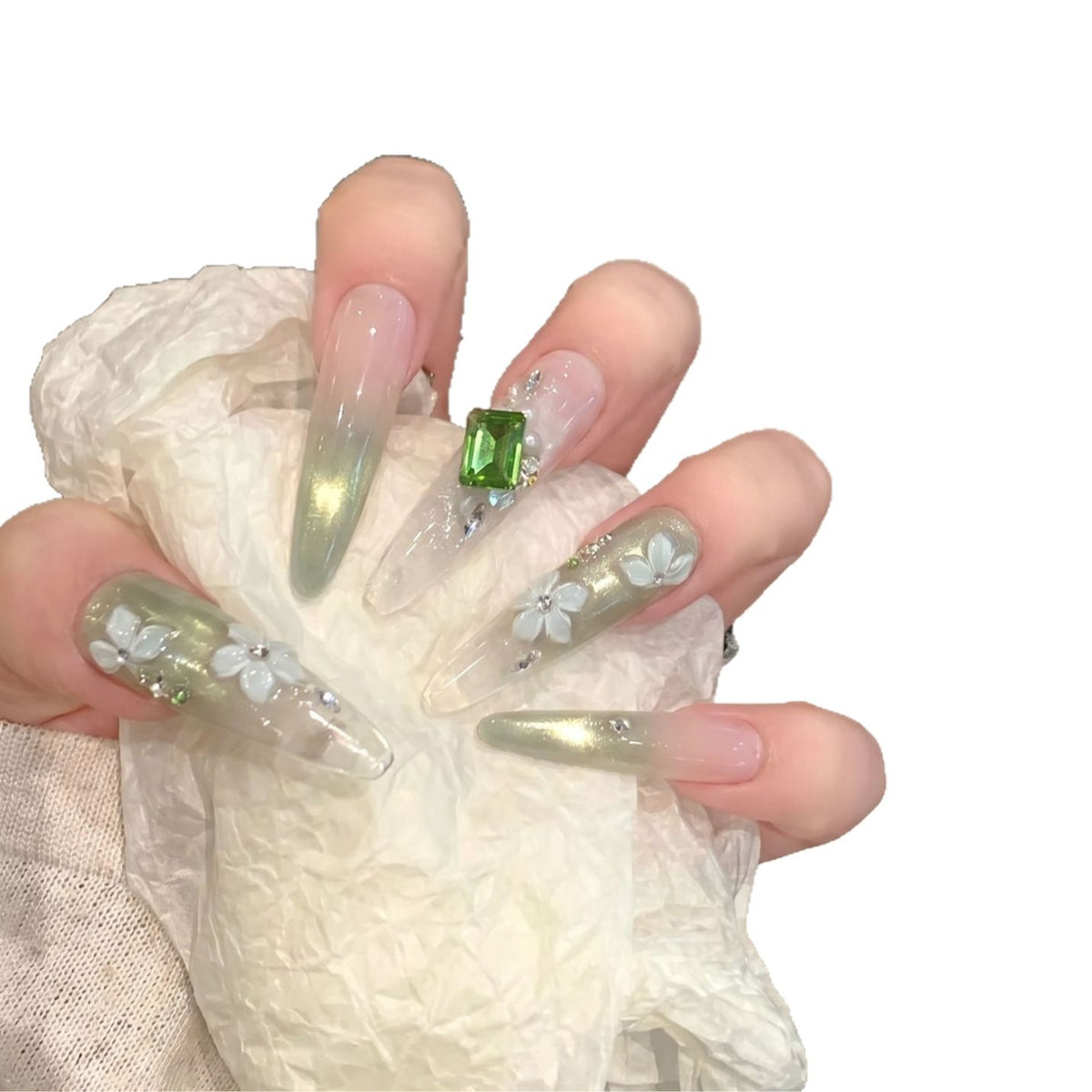Floral Gemstone Stiletto Nail Set Acalora