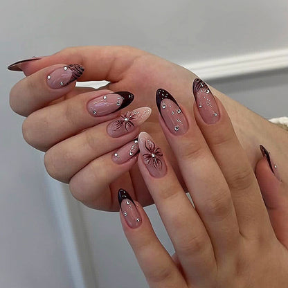 Deluxe Press-On Nail Set with Elegant Black Tips and Embellishments Acalora