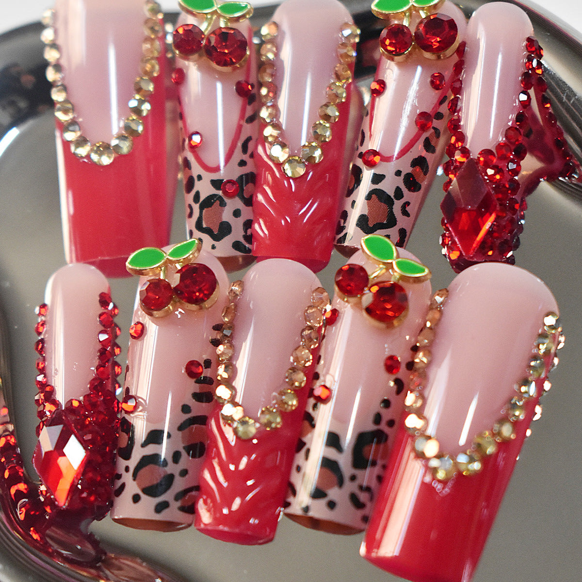 Decorative Long Press-On Nail Set with Gemstone and Floral Accents Acalora