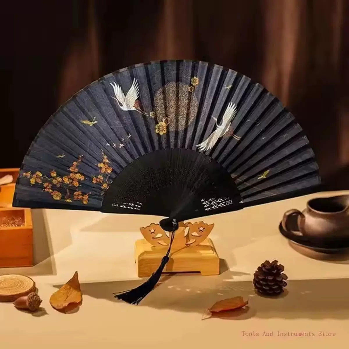 Women One Size hand-painted crane and plum blossom fan with carved wood ribs and silk tassel Bowlift