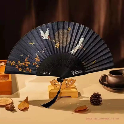 Women One Size hand-painted crane and plum blossom fan with carved wood ribs and silk tassel Bowlift