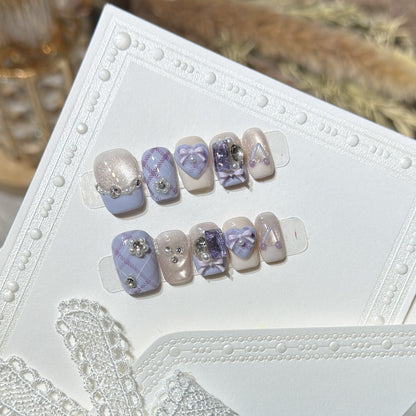 Decorative Luxury Press-On Nail Set with Elegant Bow and Gemstone Accents Acalora