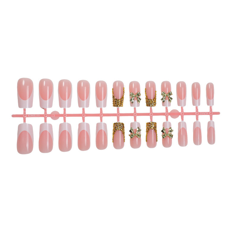 Decorative Press-On Nail Art Set with Elegant Bow and Gem Accents Acalora