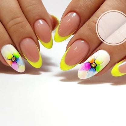 Artificial nails with colorful floral designs and striking color accents Acalora