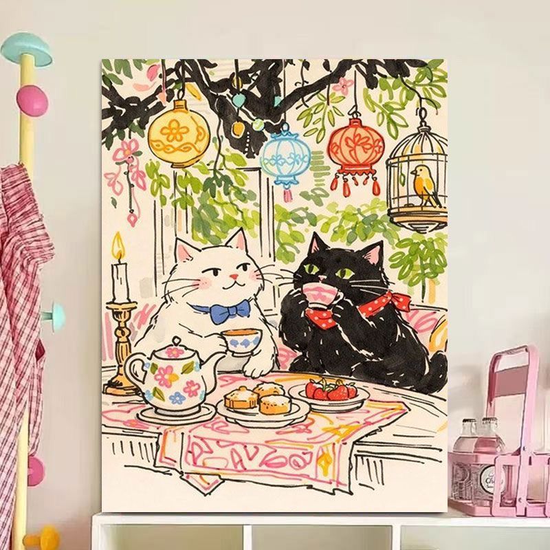 Whimsical Cat Illustration Canvas Art Print